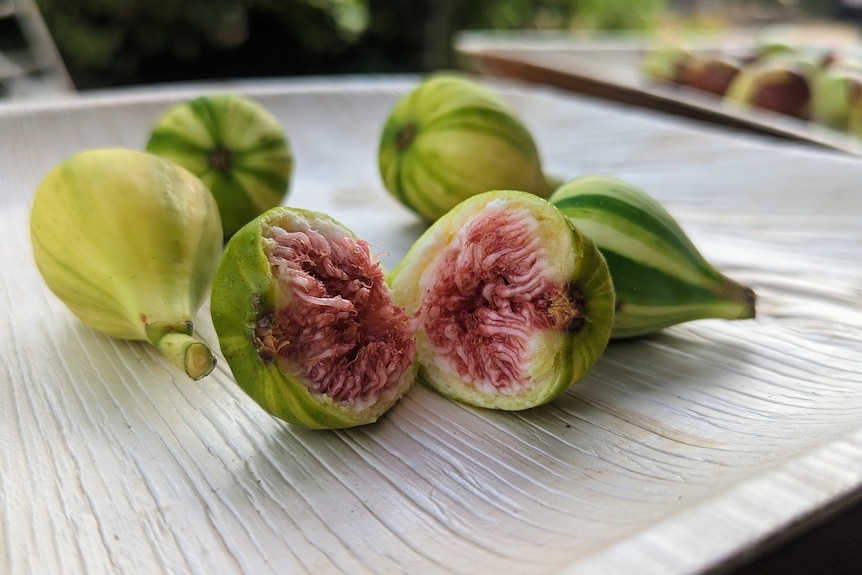 Figs split open displaying their juicy flesh