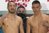 Steve Spark and Tim Tszyu both pose, topless, holding up a clenched fist