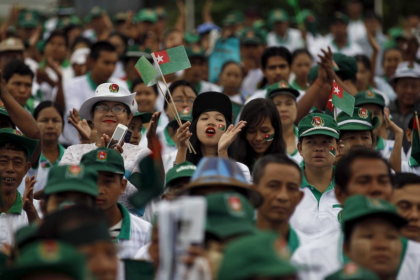 Supporters of Myanmar's ruling USDP campaign in Yangon, Myanmar