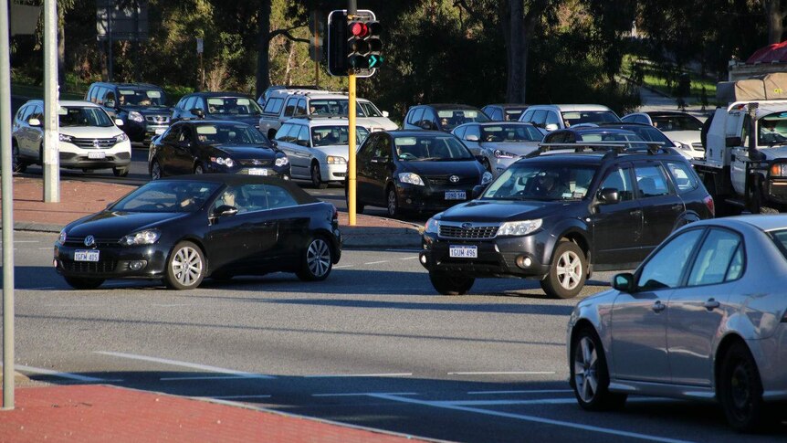 Traffic at the Leach Highway and Stock Road intersection.