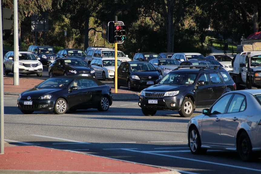 Traffic at the Leach Highway and Stock Road intersection.