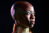 A close up shot of Actress Danai Gurira in costume as her character Okoye