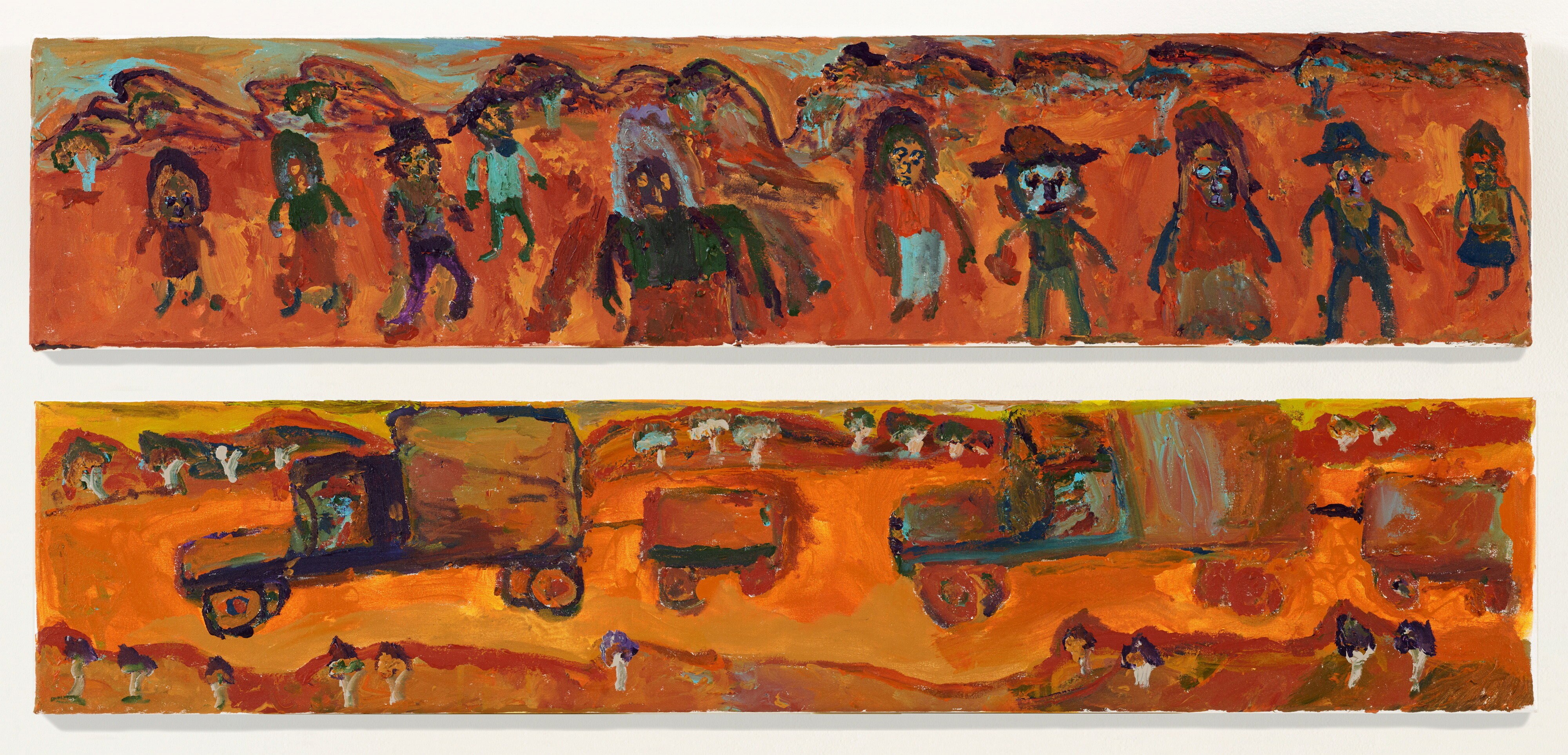 Two long paintings in orange and red tones, the top one depicting a number of people, the other showing a convoy of trucks