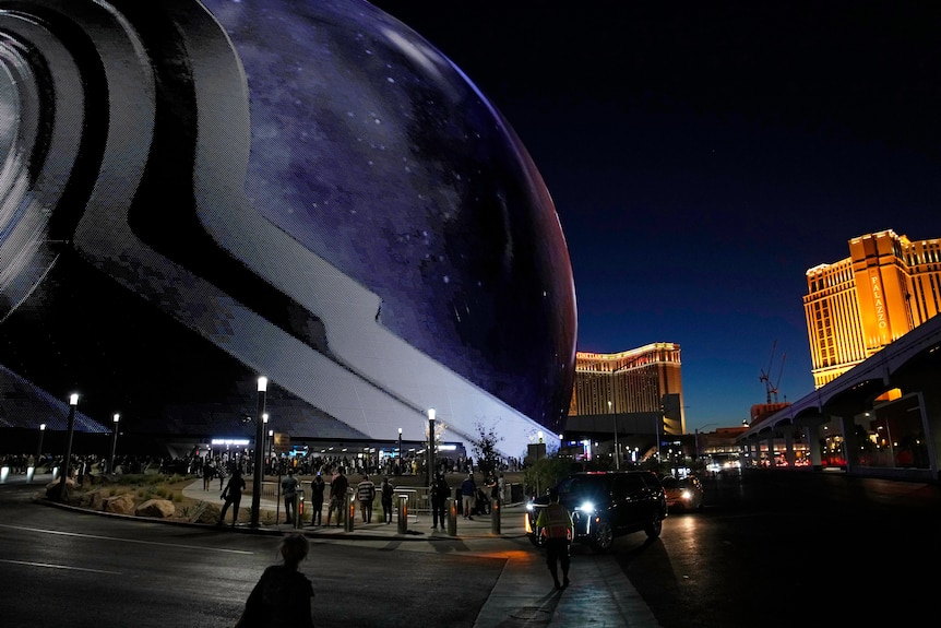 the outside of the sphere on a vegas street 