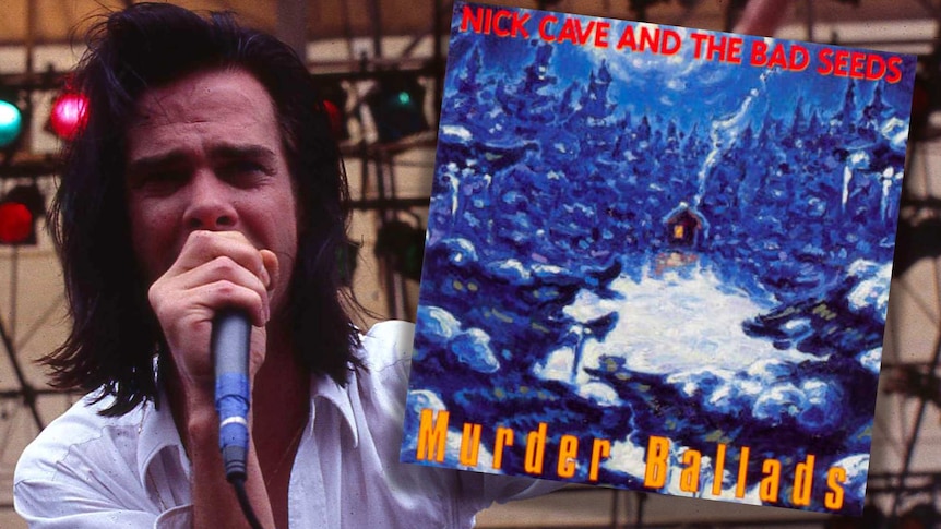 Nick Cave sings into a microphone next to a superimposed cover of the Murder Ballads album