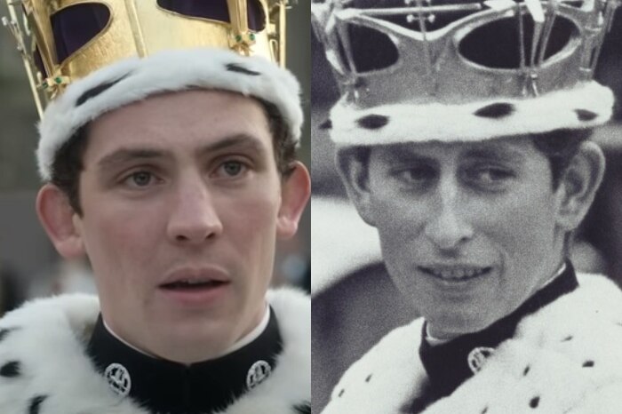 A composite image of actor Josh O'Connor dressed as Prince Charles in The Crown, and Prince Charles on the right in actual life.