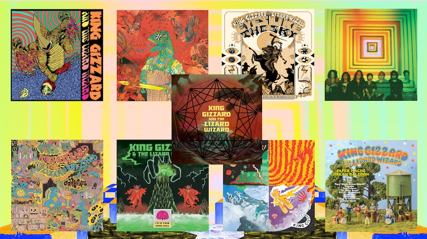 A collage of King Gizzard & The Lizard Wizard's first seven albums