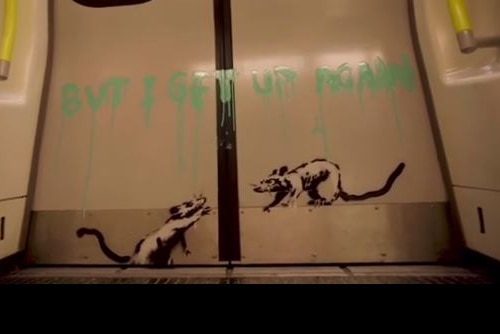 An image of two rats painted on the internal doors of a train.