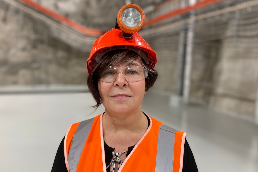 A woman wearing a hard-hat and a high vis vest. She has short brown hair. 