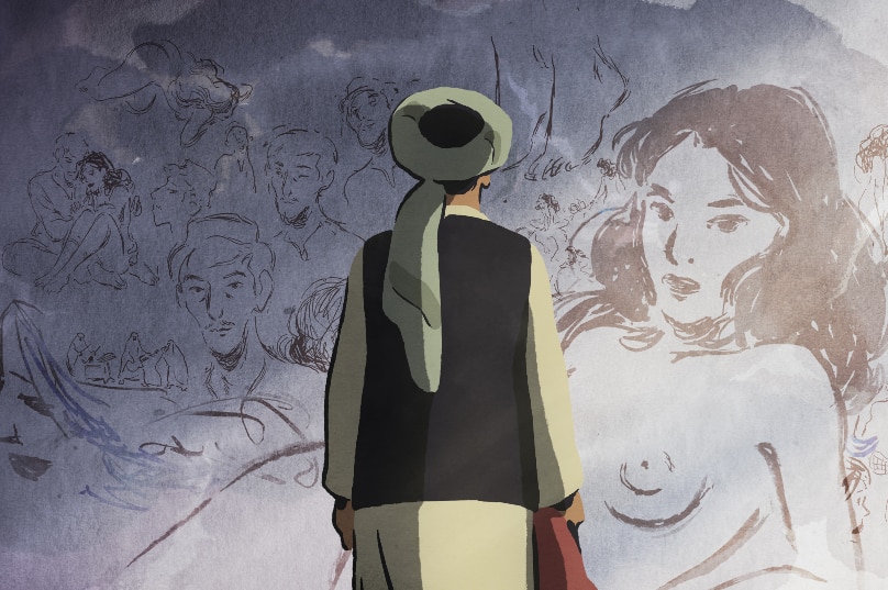 In an animated scene a man in Afghan clothing faces a wall with small sketches of men and women near large nude woman.