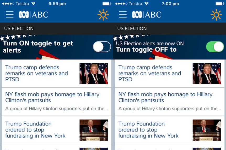 Composite image shows how you can opt in to ABC News US election alerts
