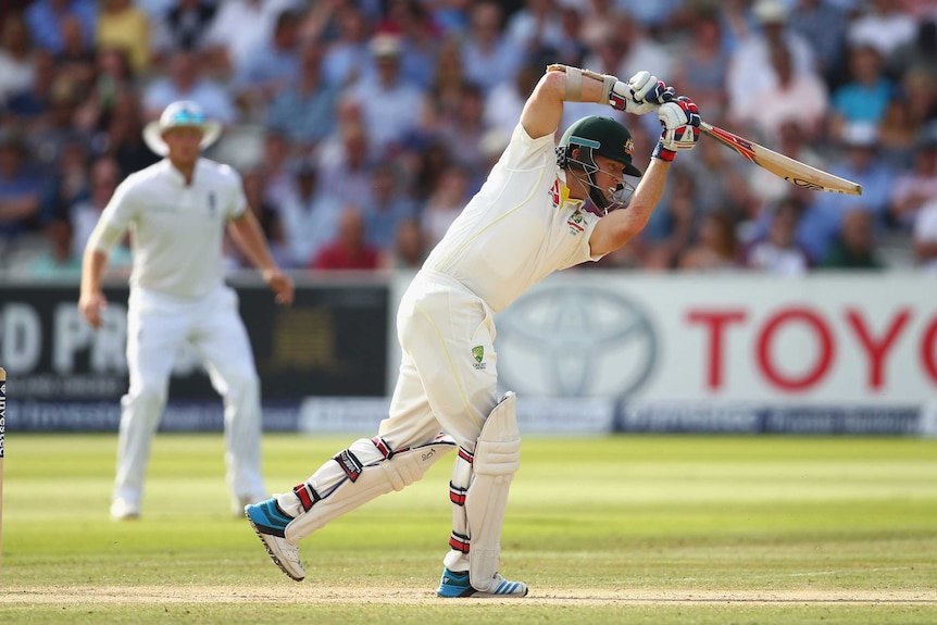 Chris Rogers drives on day three of the second Ashes Test at Lord's