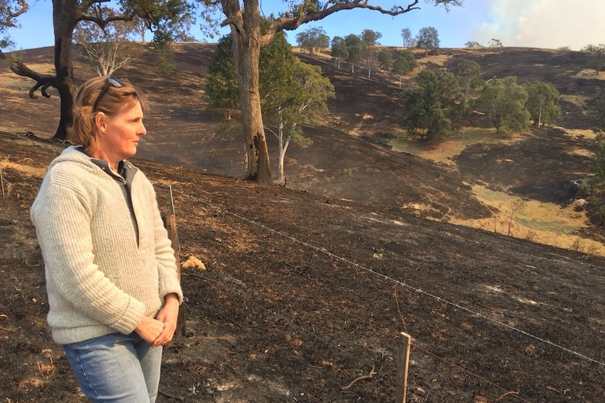 Sharon Walker stands next to a barbed-wire fence, looking at grassland blackened by fire.