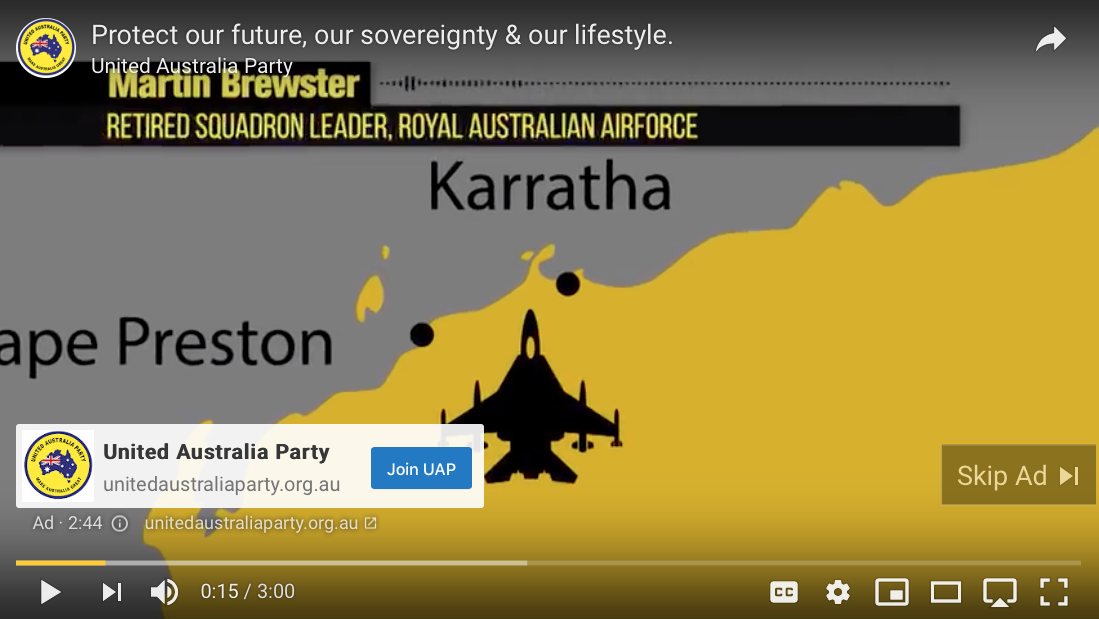 A screenshot of a UAP ad on YouTube that discusses an airport in Western Australia.