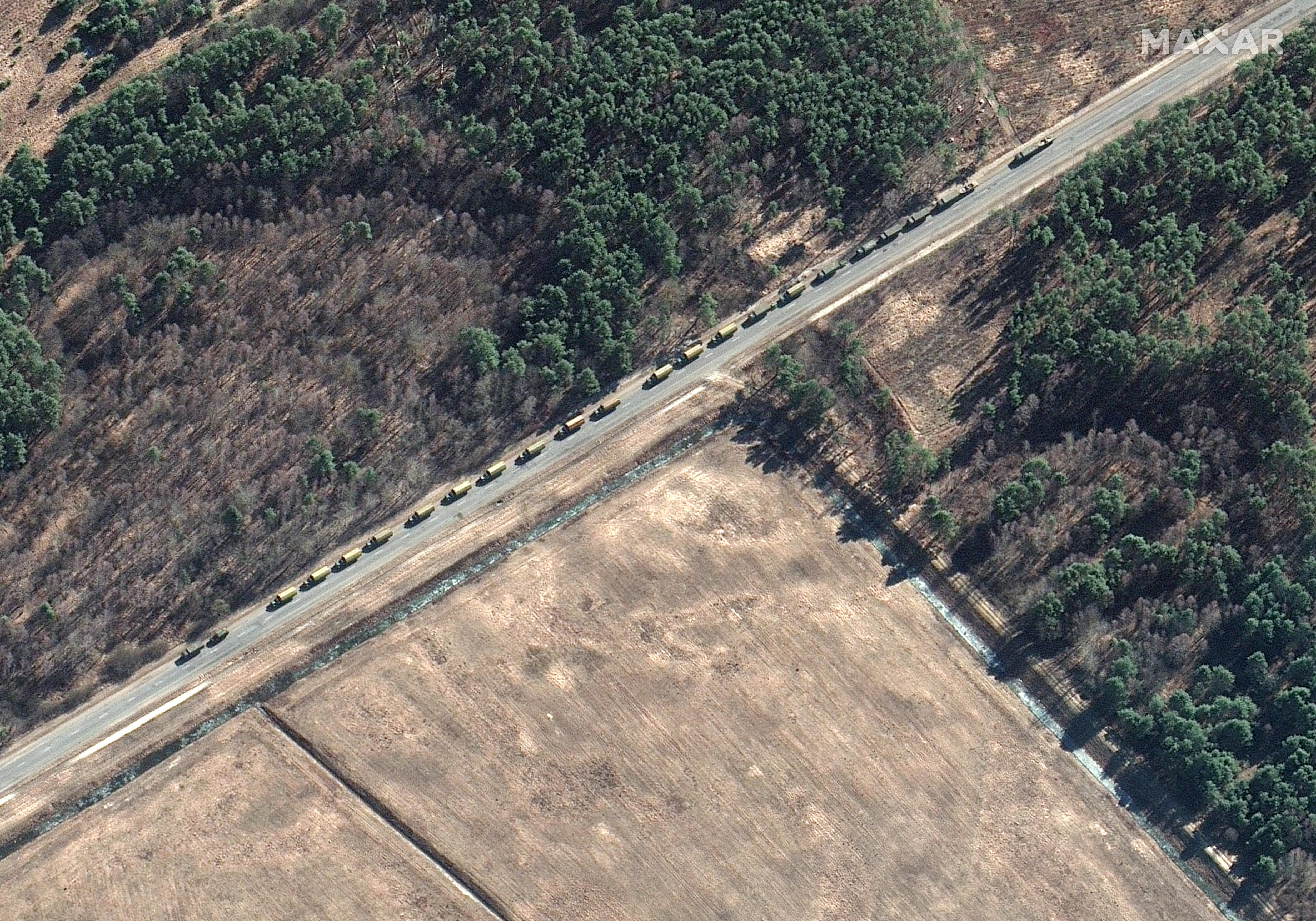 A mobile pontoon bridge was photographed from the air.