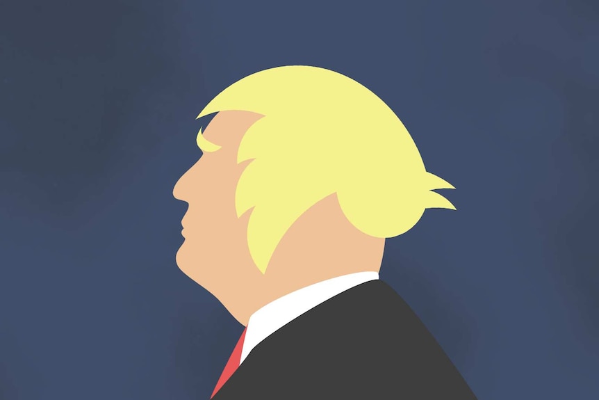 Against a dark blue background, you view a cartoon-like image of Donald Trump with his hair in the shape of a Twitter logo.