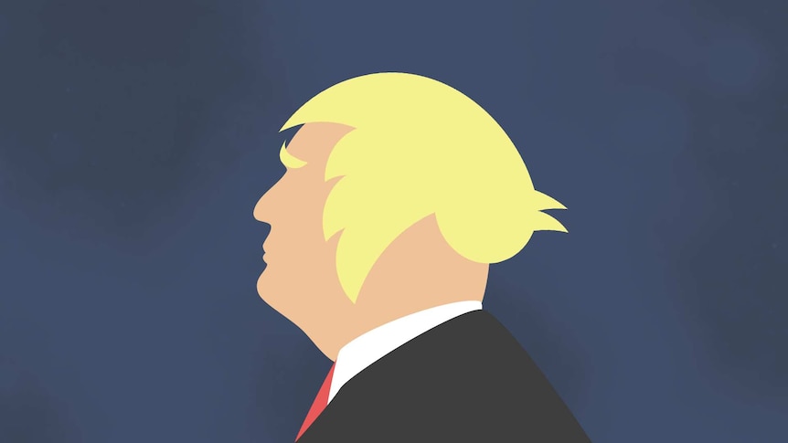 Against a dark blue background, you view a cartoon-like image of Donald Trump with his hair in the shape of a Twitter logo.