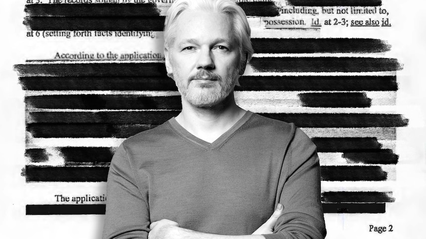 Julian Assange portrait, in the background a leaked document with sections redacted in black marker.
