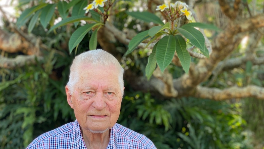A man with white hair and a checked shirt looks at the camera, there's a frangipani tree behind him