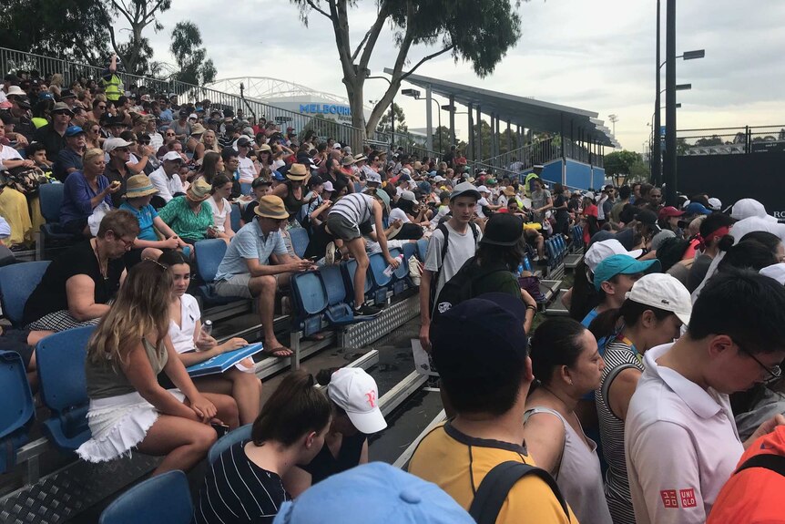 Spectators look on from the stands watching a Roger Federer training session at the Australian Open