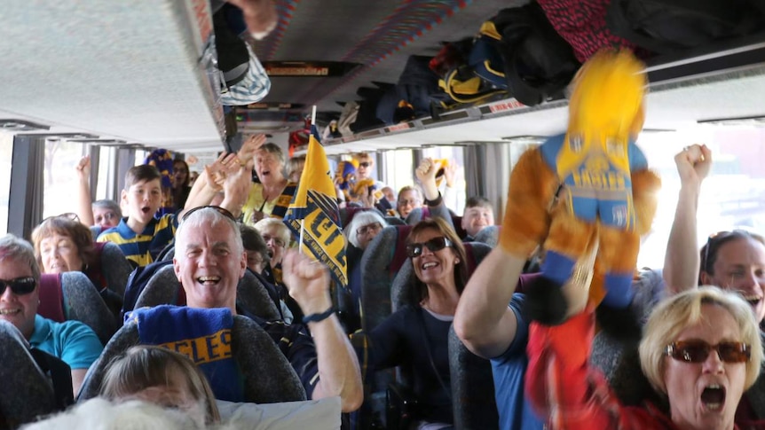 West Coast Eagles fans on a bus from Perth bound for Melbourne for the grand final against Hawthorn