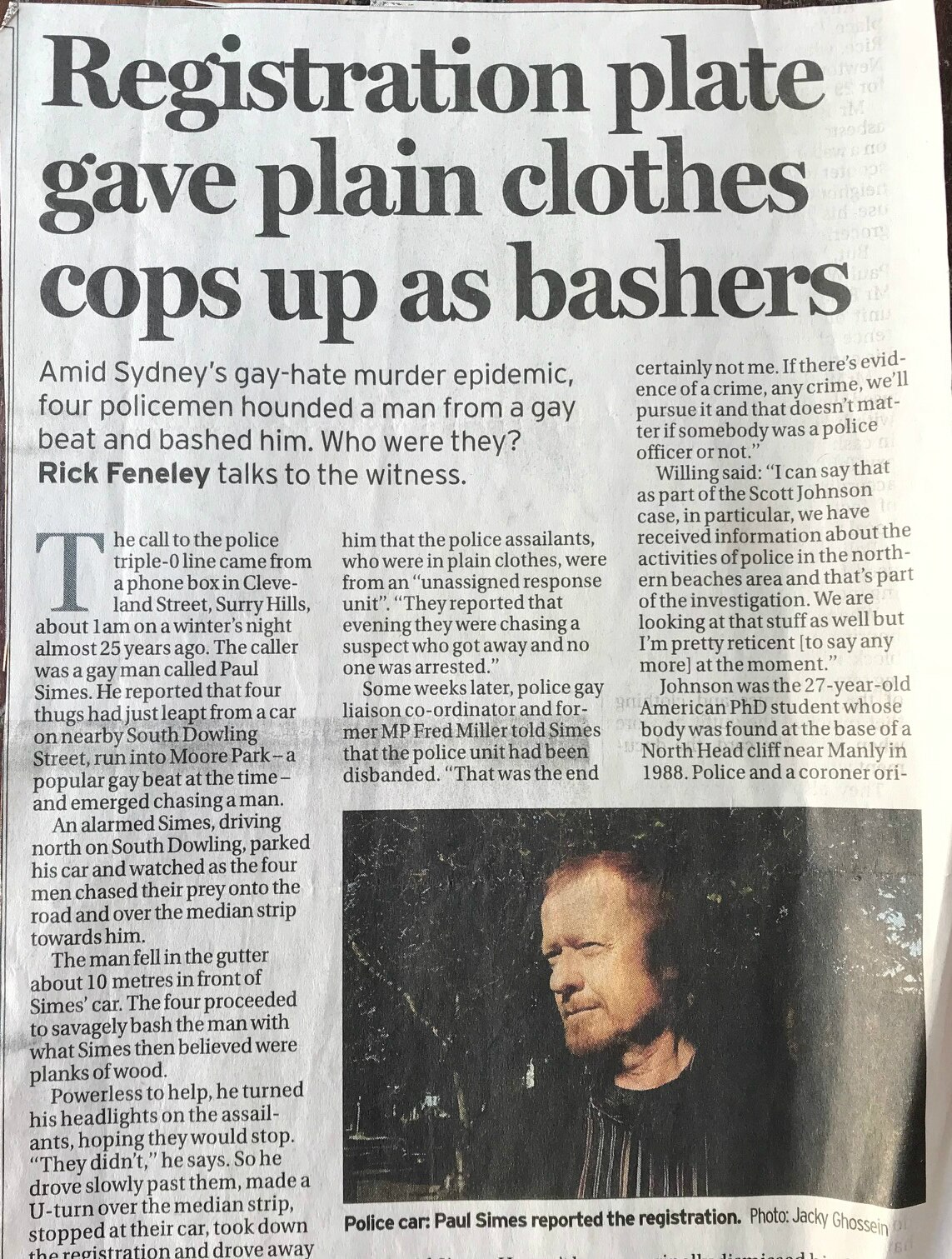 A newspaper clipping from the Sydney Morning Herald, reading "Registration plate gave plain clothes cops up as bashers"