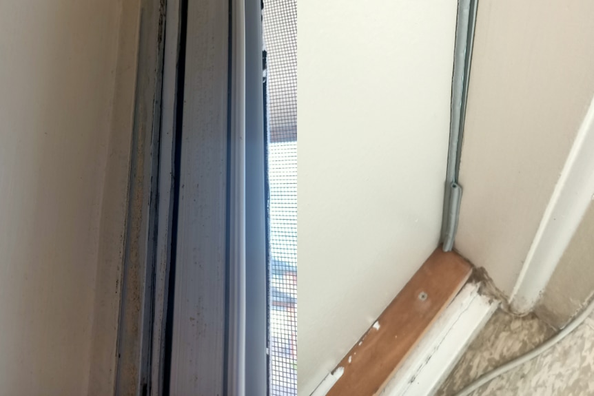 Two images showing small gaps in the seal next to a screen window.