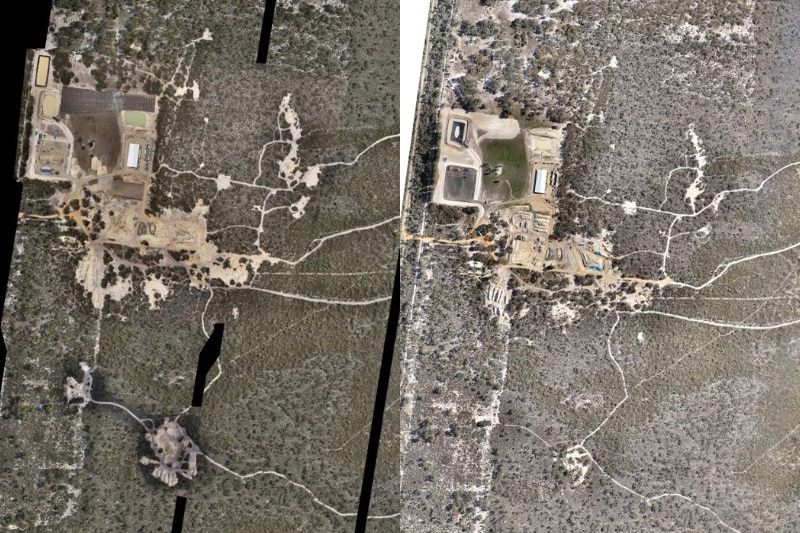 Two overhead images of a rural property. The on the left has large patches of white where soil excavation has occurred.