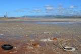 Muddy flats where a lake previously was.