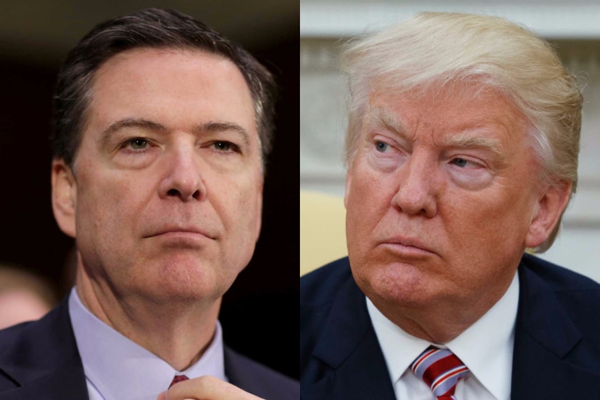 A composite image shows James Comey and Donald Trump looking in the other's direction.