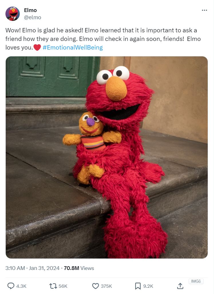 A screenshot of Elmo's tweet saying "Elmo learned that it is important to ask a friend how they're doing" with a photo of him