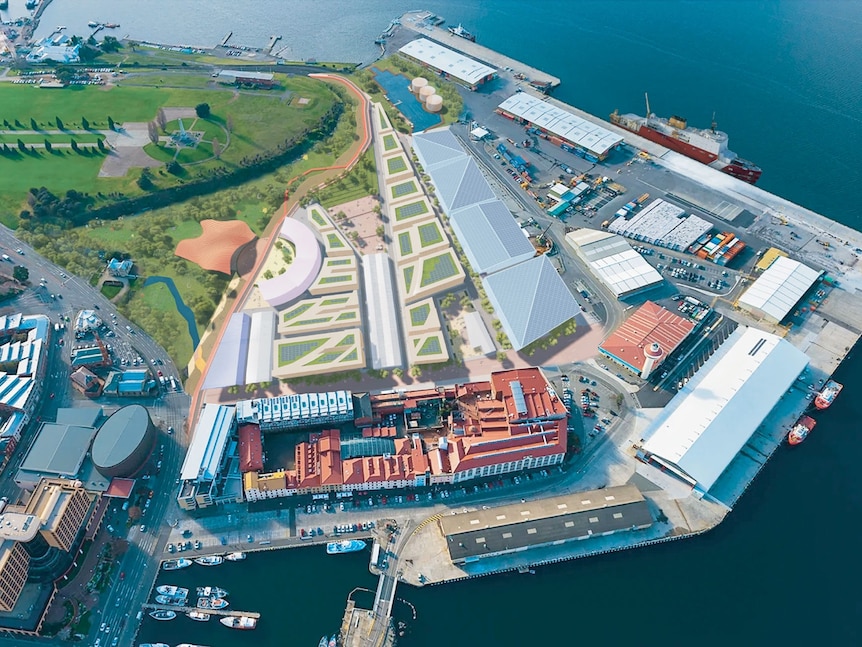 Birds eye view of wharf area, port, housing, open space and swimming area in new Mac Point vision 