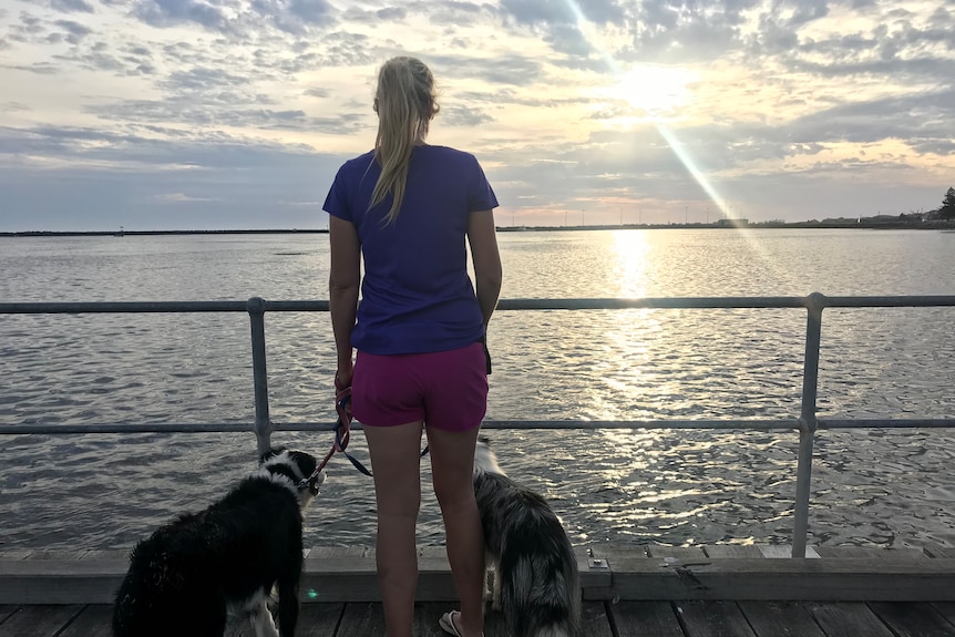A woman stands on a jetty with her back to the camera, with two border collies, as the sun sets in the distance