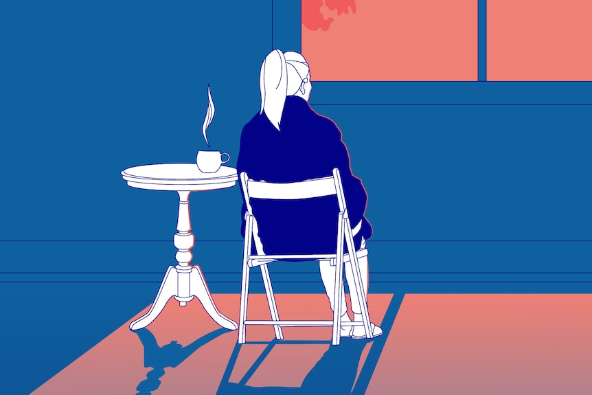 An illustration in blue and pink colours shows a woman sitting alone in a room looking out a window