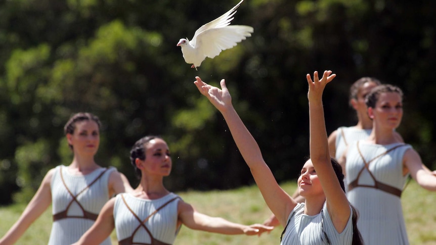 A dove is released at the rehearsal of the lighting of the Olympic torch