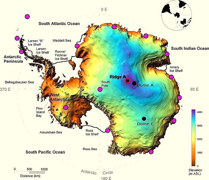 A map showing the highest parts of Antarctica