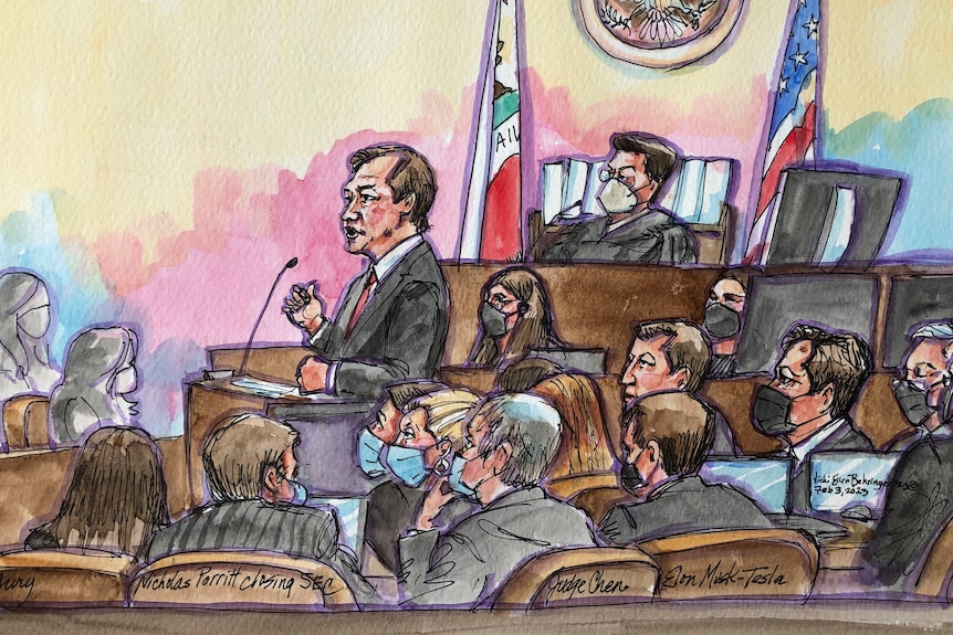 Lawyer Nicholas Porritt makes his closing arguments in a courtroom sketch. 