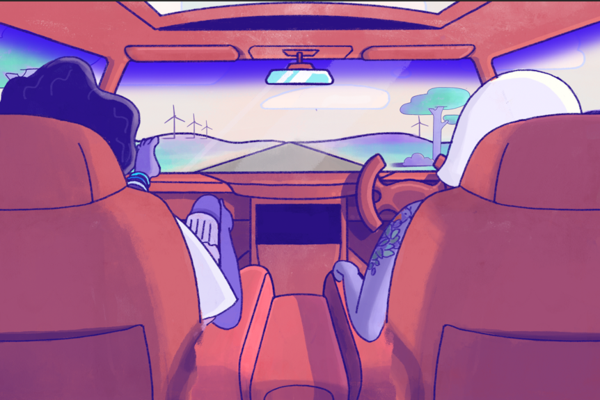 An illustration from inside a car looking over the shoulders of the driver and passenger.