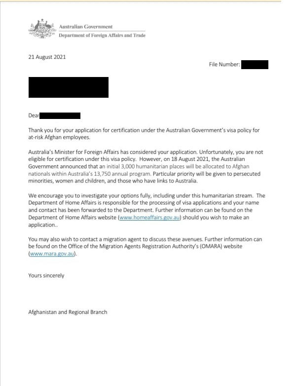 a letter from dfat to an at-risk afghan employee visa applicant with the names and file number blanked out
