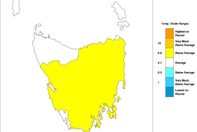 A map of Tasmania with most of it marked yellow indicating higher than average temperatures