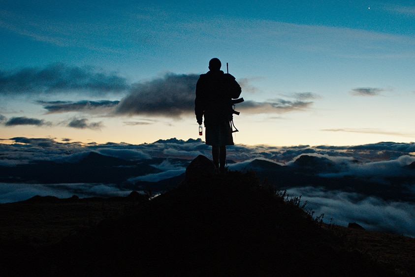 Silhouette of lone person in 3/4 length coat and holding bottle and rifle standing on mountain peak above clouds at dusk.
