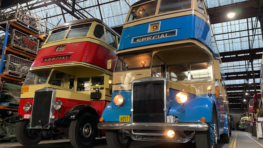 Two double decker buses parked alongside each other inside a shed. One is yellow and blue and the other is yellow and red.