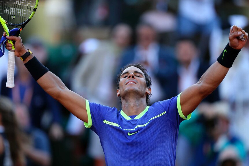 Spain's Rafael Nadal celebrates his win over Austria's Dominic Thiem at Roland Garros