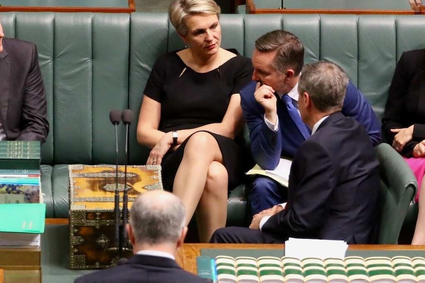 Labor frontbench chat during Treasurer Scott Morrison's first budget speech
