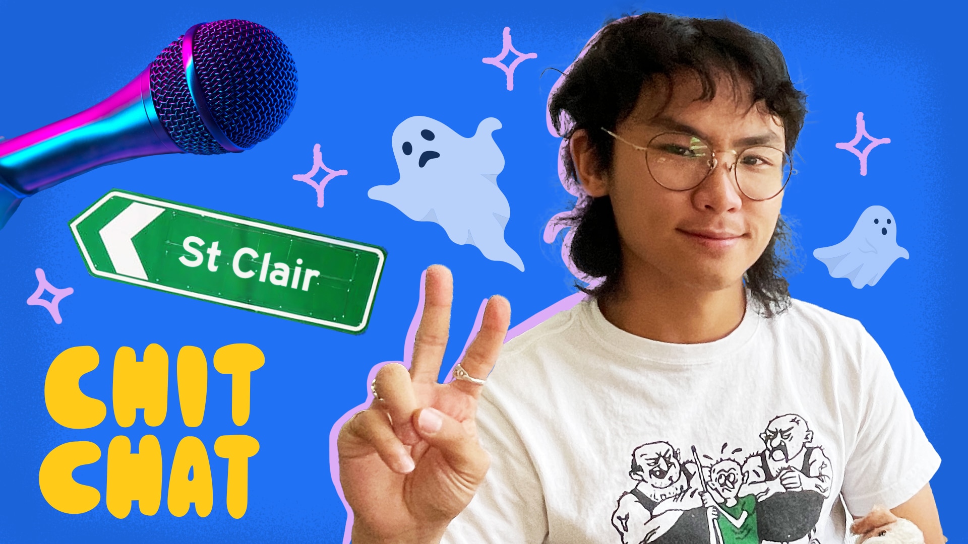 Singer grentperez, who has a mullet and glasses, throws a peace sign, surrounded by ghosts, a mic, and a St Clair sign.