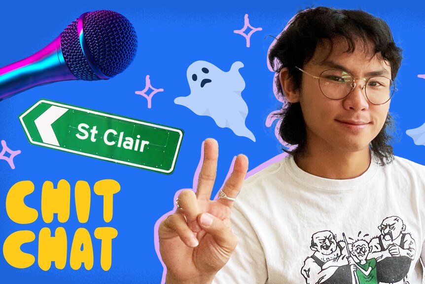 Singer grentperez, who has a mullet and glasses, throws a peace sign, surrounded by ghosts, a mic, and a St Clair sign.