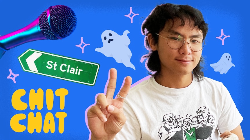 Singer grentperez, who has a mullet and glasses, throws a peace sign, surrounded by ghosts, a mic, and a St Clair sign.