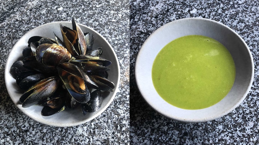 Composite image of opened mussels in bowl and basil-green soup on granite benchtop.
