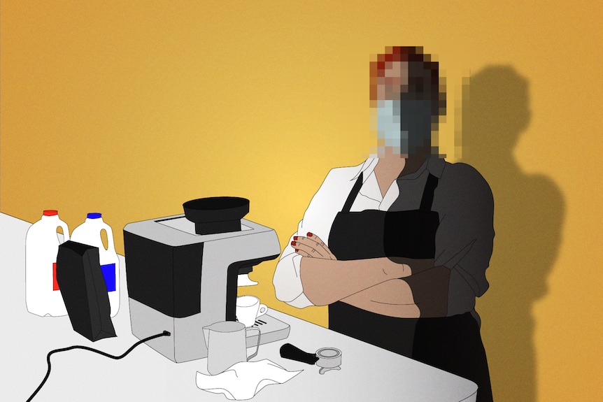 An illustration of a woman with short hair, standing with her arms crossed in front of a small domestic coffee machine.