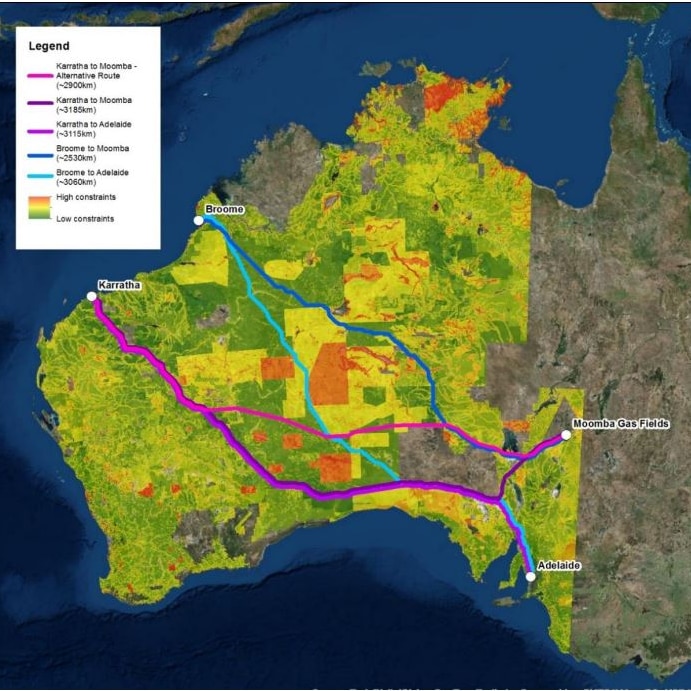 A map showing alternative routes for a west-east gas pipeline in Australia